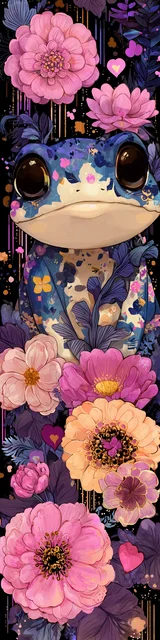 Free kawaii frog bookmark featuring blue and yellow with pink kawaii frog